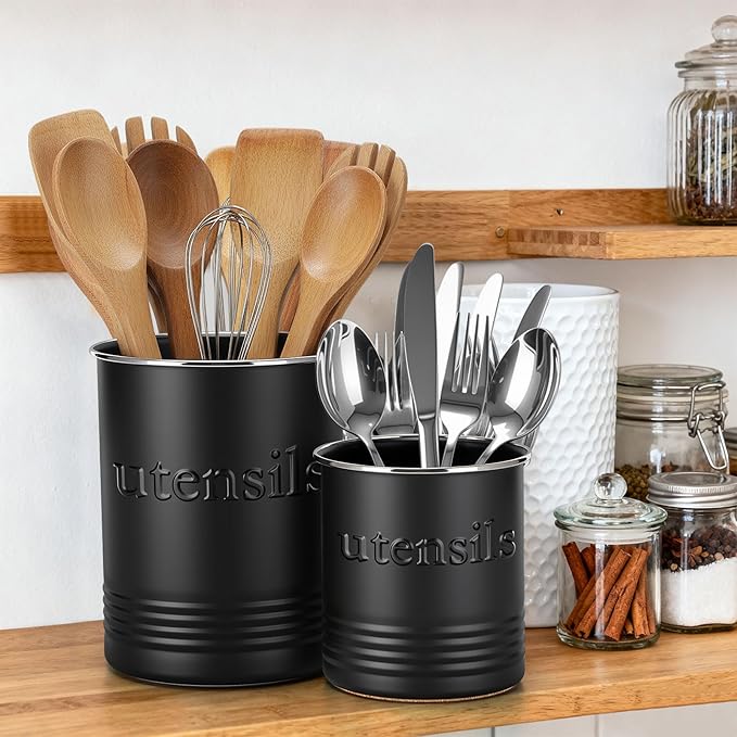 2 Pack Kitchen Utensil Holder for Counter 6.7"+4.7" Farmhouse Cooking Utensil Crock with Cork Bottom Modern Farmhouse Decors Countertop Storage Organizer Caddy Housewarming Gift(Black)
