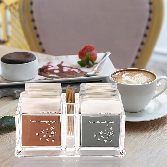 ELLDOO Sugar Packet Holder, Acrylic Sugar Bowl for Restaurant, Tea Bag Organizer, Coffee Stirrers Straws Small Condiments Packet Holder, Sugar Caddy Dispenser for Countertop Coffee Bar
