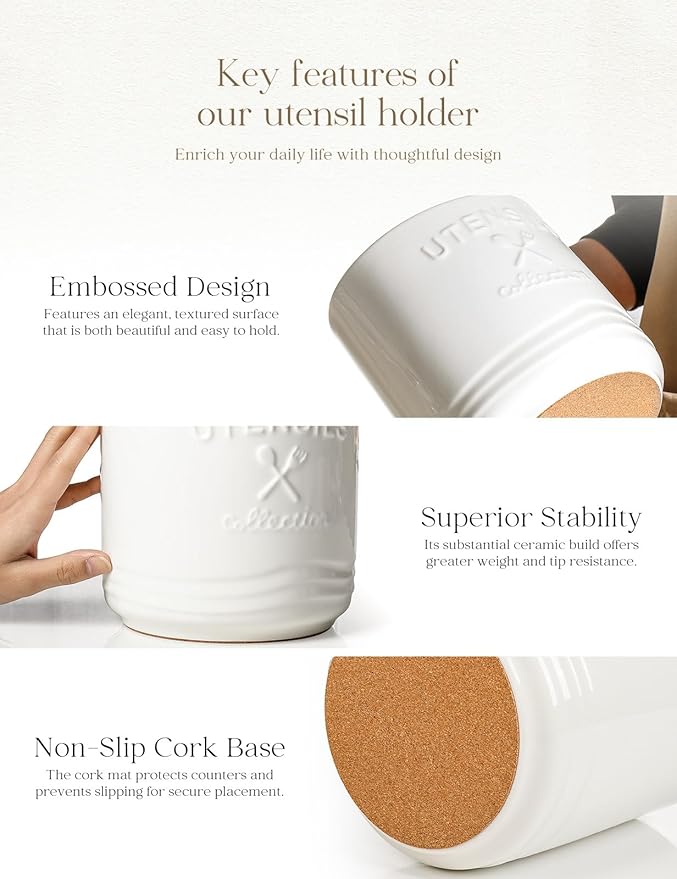 AISBUGUR Large Ceramic Utensil Holder: 7.5" H×6.3" W with Slanted Mouth - Utensil Crock with Non-Slip Cork Base for Kitchen Counter, Ideal for Decor & Gift, White