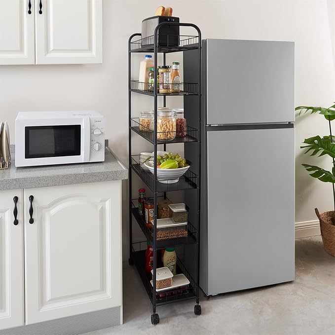 6-Tier Ultra Slim Rolling Storage Cart with Wheels, Narrow Metal Organizer Shelf Unit for Kitchen, Bathroom, Laundry, Office – Black, 6" Wide