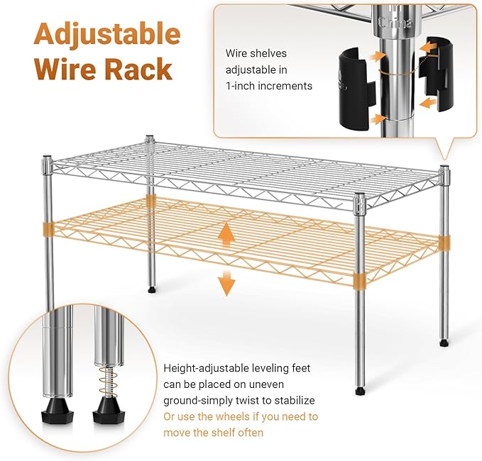 Simple Deluxe Heavy Duty 1-Shelf Shelving, Adjustable Storage Units, Steel Organizer Wire Rack, 29.92" W x 13.78" D x 14.96" H, Chrome,2-Pack