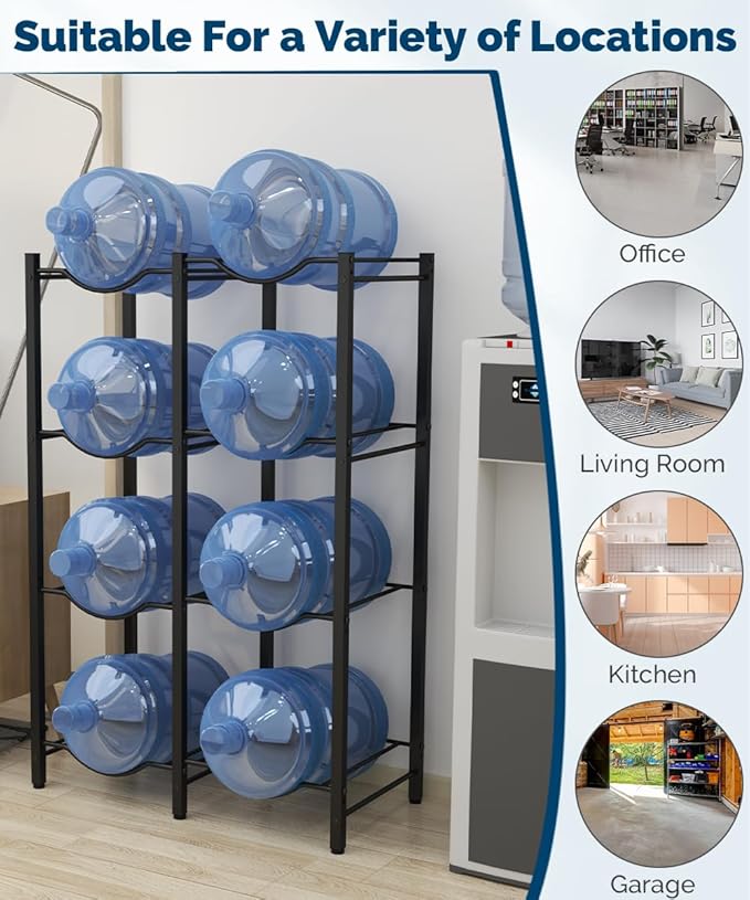 Mocomax 5 Gallon Water Jug Rack - Detachable Bottle Holder for 8, 4 Tier Heavy Duty Cooler Rack - Organizer for Kitchen, Office, Living Room, Black