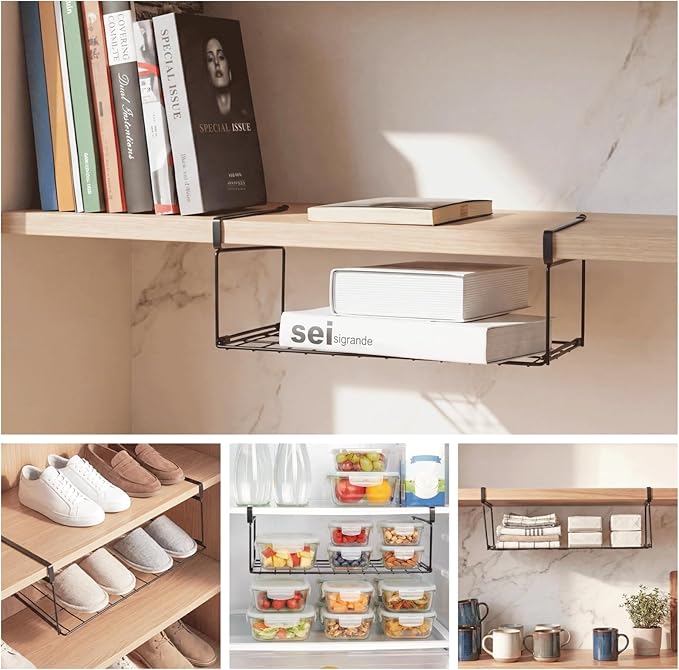Under Shelf Basket Storage 1 Pack Black | Space-Saving with Extra Layer | Lightweight & Quick to Install | Non-Slip | 14.8" D x 8.46" W