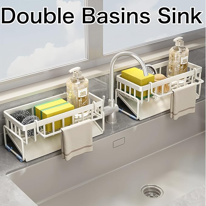 BREIS Sponge Holder for Kitchen Sink, Caddy Organizer with Rag Holder, Countertop Self-Draining Sponge Caddy, Rustproof Sink Storage Rack for Soap Dispenser Storage Accessories (White)