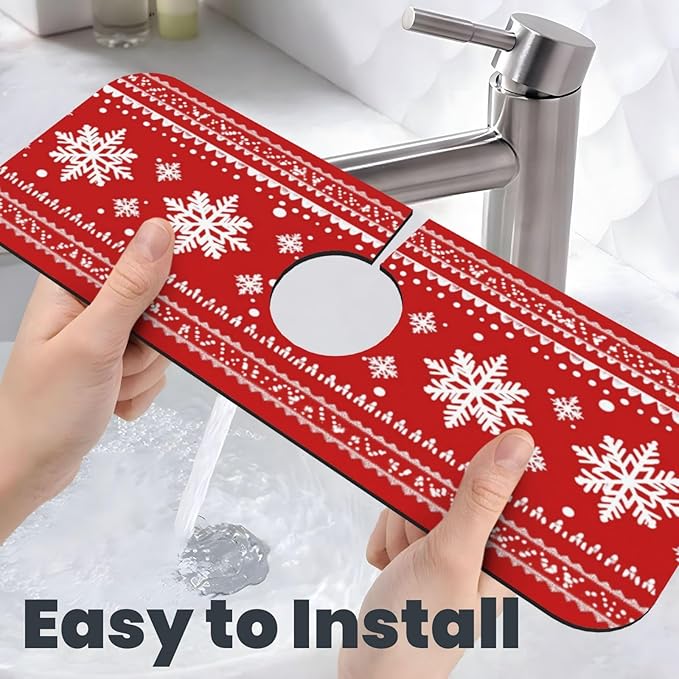 Sink Faucet Mat Red Winter Snowflake Kitchen Splash Guard Absorbent Bathroom Sink Mat Around Faucet 15" x 5.5" Drying Mats Stone Draining Mat