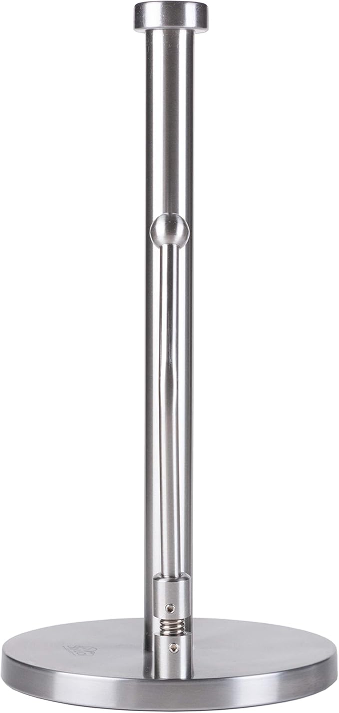 Stainless Steel Paper Towel Holder with Tension Arm – Heavy Weighted Countertop Kitchen Roll Holder, One-Hand Tear Design, Modern Metal Paper Towel Stand