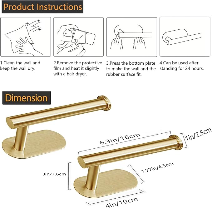 Toilet Paper Holder - Self Adhesive Toilet Paper Holder Wall Mount for Bathroom, SUS 304 Stainless Steel Command Strip Toilet Paper Roll Holder Stick On Wall, No Drilling - Brushed Gold(2 Pcs)