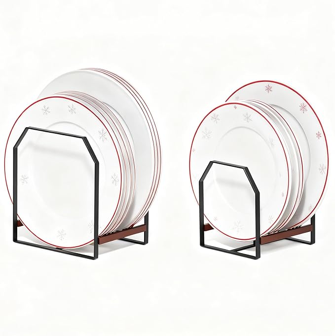 2 Pack Kitchen Plate Organizer with Large & Small Holders, Metal Dish Racks for Compact Homes and Cabinets, Black (1 Large + 1 Small)