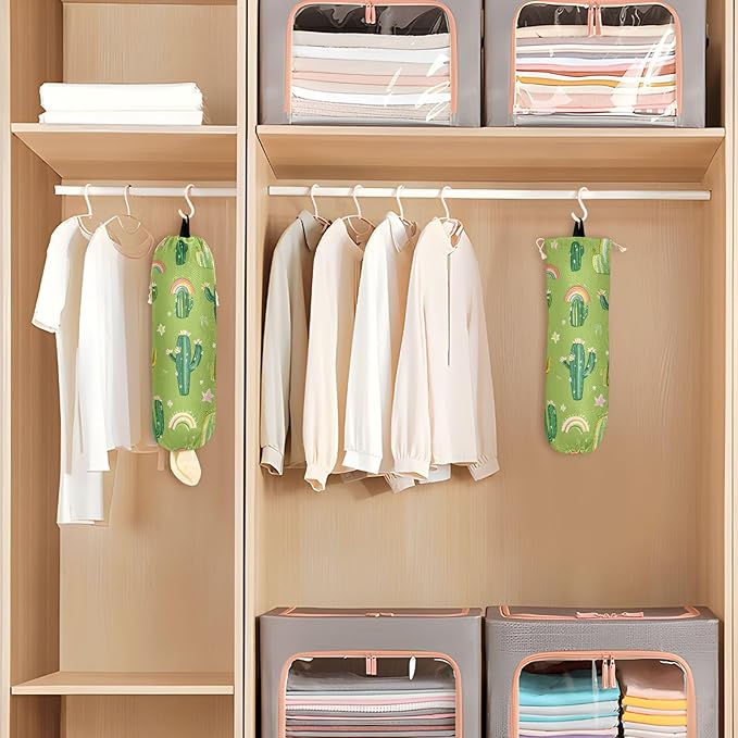 Plastic Bag Holder Wall Mount Grocery Bag Shopping Bag Storage Holder Organizer Dispenser with Adhesive Hook,for Kitchen Bathroom Home Decor 9x22 Inches Cacti and Rainbows Floral Green07