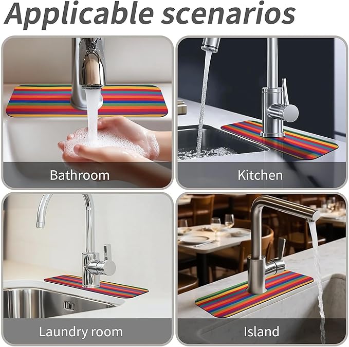 Kitchen Sink Splash Guard,Rainbow stripes Faucet Mat Sink Gadgets-Super Absorbent Fast Drying Mat Drip Catcher for Kitchen, Bathroom,Sink Mat, Dish Drying Mat, Bathroom(15" X 5.5" )