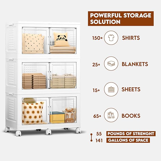 FINCHESCLUB 568QT Large Stackable Storage Bins with Lids, 141Gal Foldable Storage Bins with Doors and Wheels, Collapsible Closet Organizers for Home Office, 3 Pack - White
