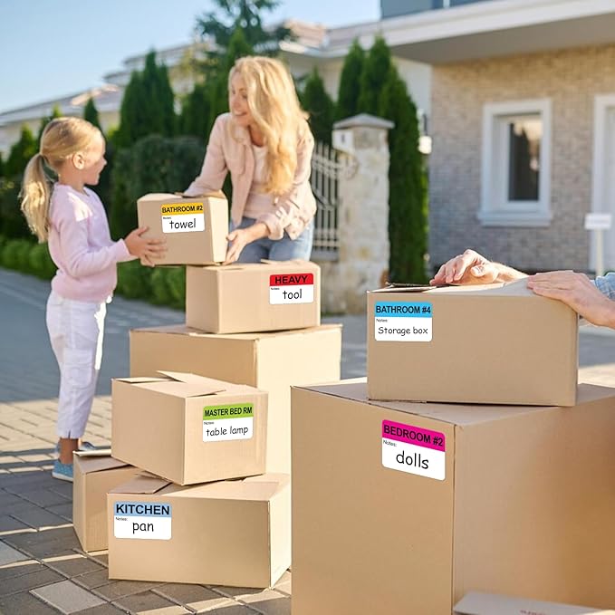 Labelebal 600 Writable Stickers 2” x 3” Each,20 Designs Pre-Printed Color-Coded Home Moving Packing Box Labels with Fragile, Extra, Heavy Labels