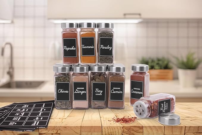 Orii Black Rectangular Spice Labels Stickers for Spice Jars|160 Pre-Printed +20 Blank Labels Spice Container Storage | Preprinted Labels for Kitchen Pantry | Herb Seasoning Labels for Jars