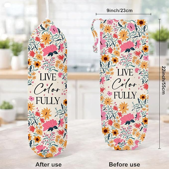 Plastic Bag Holder, Live Color Fully Plastic Bag Holder for Kitchen Essentials, Bags Holders for Plastics Bags Groceries Store, Floral Reusable Trash Sack Storage Dispenser to Home Kitchen Decor