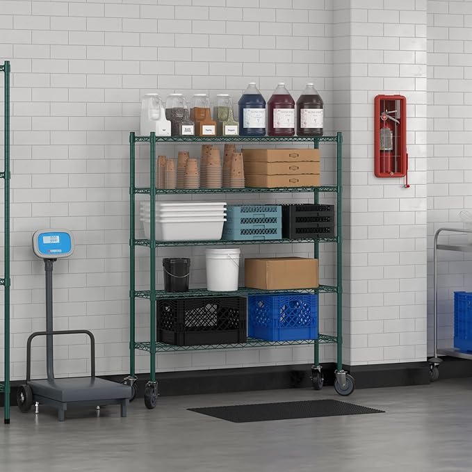 Commercial NSF Listed Green Epoxy Mobile Wire Shelving Kit 12" x 48" x 60", with 5 Shelves Perfect for Warehouse, Walk-in Refrigerator, Freezer, Grocery Store, Restaurant, Dishroom