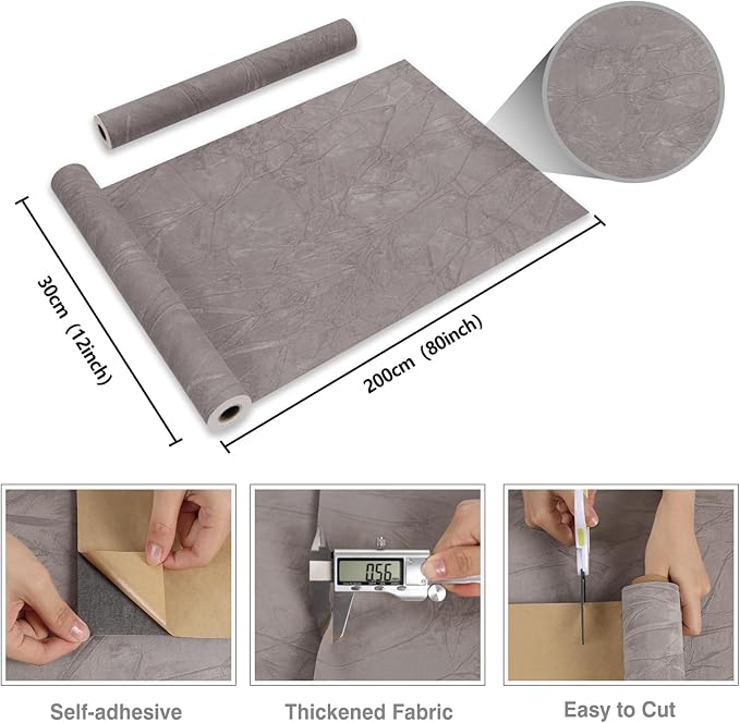 CRE8TIVE Crinkle Crushed Velvet Wallpaper Peel and Stick Grey Contact Paper for Cabinets Drawers 12"x80" Fabric Felt Drawer Liner Self Adhesive Velvet Flocking Liner for Jewelry Drawer Displays Decor