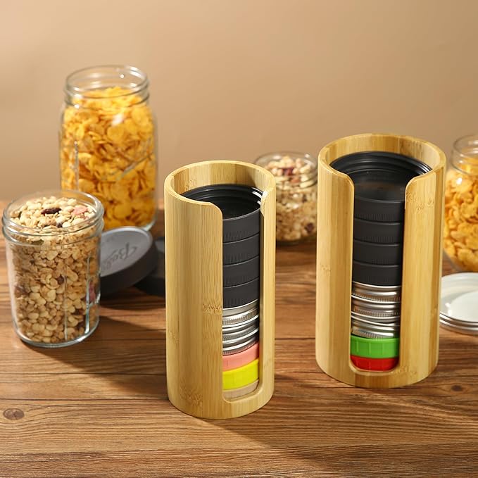 Mason Jar Lid Organizer (2pcs), Mason Jar Lid Storage Made of Bamboo, Suitable for Mason/Canning/Bamboo Lids(WIDE/REGULAR), Fit Perfectly, Stackable Steady