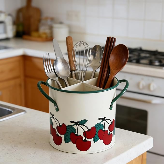 Vintage Utensil Crock - Cherry Kitchen Decor Iron Organizer with Detachable Divider, 4-Compartment Drain Hole Utensil Holder for Vintage Kitchen Utensils & Accessories
