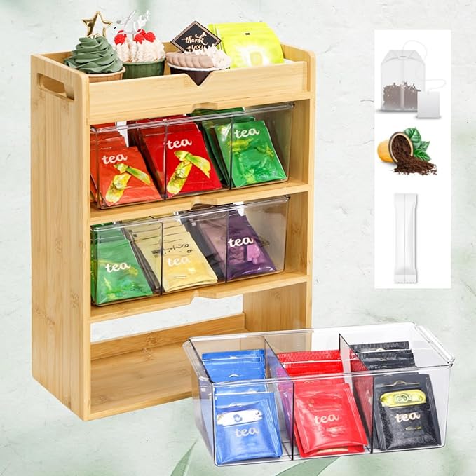 4 Tier Bamboo Tea Bag Storage Organizer, 15.5" x 11" x 5.3" Vertical Tea Packet Rack with Acrylic Drawer, Store Over 180 Tea Bags Wood Tea Station for Creamers Countertop Office Kitchen