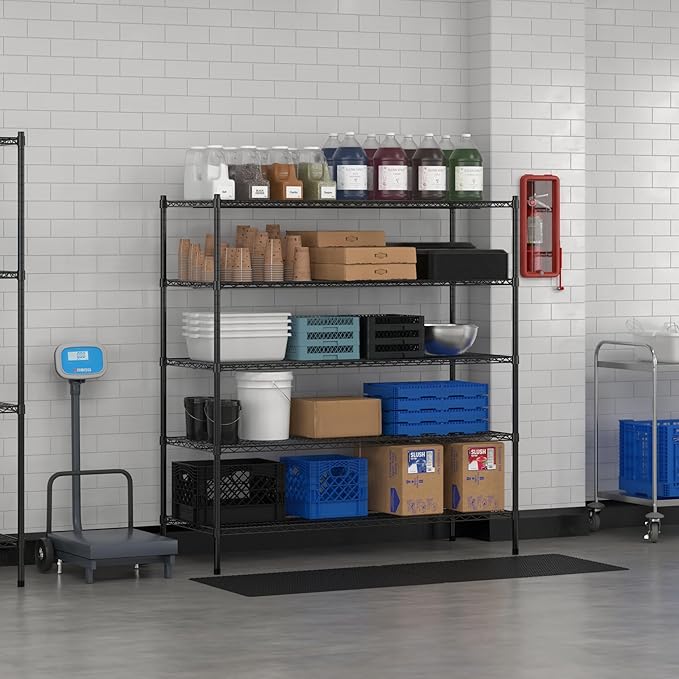 Commercial NSF Listed Black Epoxy Stationary Wire Shelving Kit 24" x 60" x 64", with 5 Shelves Perfect for Warehouse, Walk-in Refrigerator, Freezer, Grocery Store, Restaurant, Dishroom