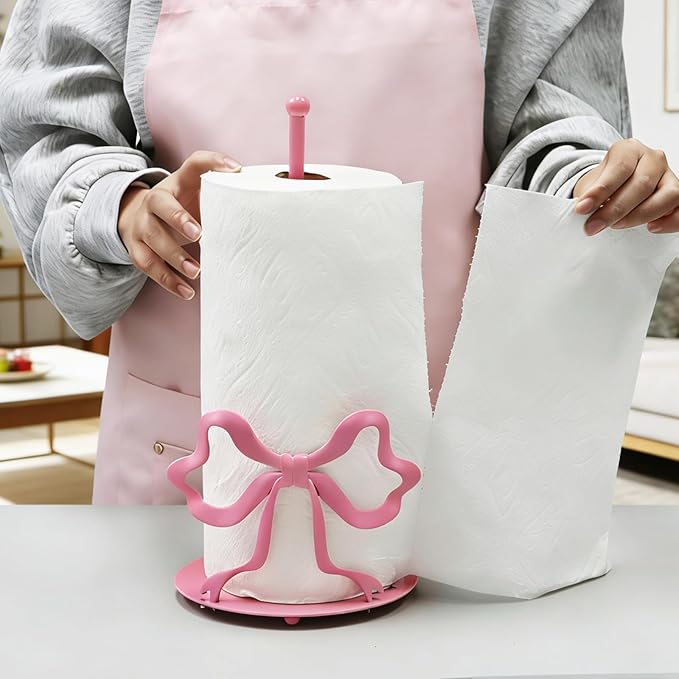 Pink Bow Paper Towel Holder, Cute Paper Towel Roll Holder, 3D Printed Standing Paper Towel Holder for Kitchen Countertops Bathroom with Weighted Base, Kitchen Decor Accessories Gift (Round/Pink Bow)
