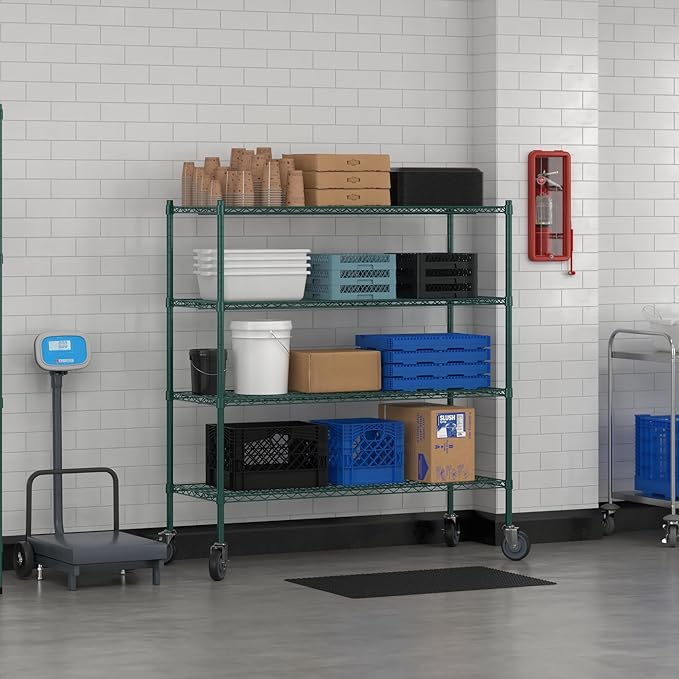 Commercial NSF Listed Green Epoxy Mobile Wire Shelving Kit 21" x 54" x 60", with 4 Shelves Perfect for Warehouse, Walk-in Refrigerator, Freezer, Grocery Store, Restaurant, Dishroom