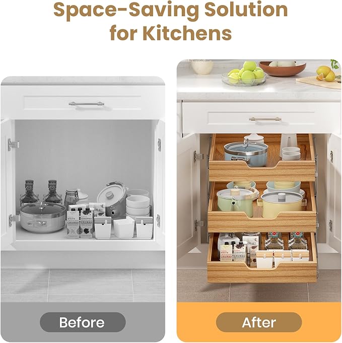 ROOMTEC 3 Tier Pull Out Cabinet Organizer, Heavy-Duty Pull Out Drawer, Slide Out Wood Shelf for Cabinets, Base Cabinet Organization for Pantry, Bathroom (15½"Wx21 D)