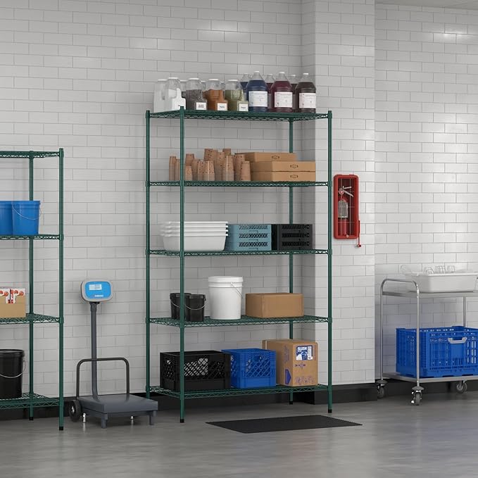 Commercial NSF Listed Green Epoxy Stationary Wire Shelving Kit 24" x 48" x 86", with 5 Shelves Perfect for Warehouse, Walk-in Refrigerator, Freezer, Grocery Store, Restaurant, Dishroom