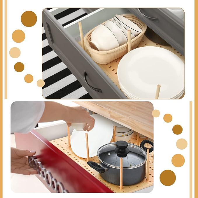 Yookeer 17.7 x 19.7 inches jumbo Wood Pegboard Drawer Organizer with 32 pcs Wooden Peg Adjustable Pegboard Wall Shelf and Drawer Organizer for Dish kitchen Plate Containers Cookware Utensils(2 Set)