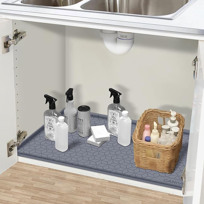 CANIVI Under Sink Mat, 28" x 22" Waterproof Silicone Under Sink Tray for Kitchen & Laundry Cabinets, Kitchen Cabinet Shelf Protector, Up to 3 Gallons Liquid, Fits 36 inch Standard Cabinet (Blue Grey)