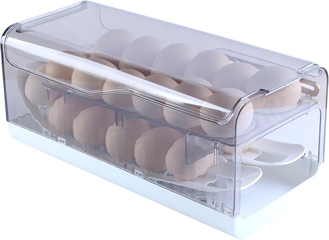 Sansam Egg Holder for Fridge, Automatic Rolling Egg Organizer for Refrigerator, Plastic Egg Container & Tray, Stackable Dispenser and Storage Bin with Sturdy Lid to Saving Space (Clear)