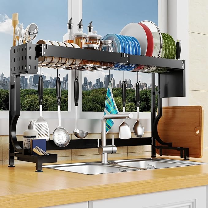 MINGLING Over Sink Dish Drying Rack Kitchen Dish Rack Over Sink Height & Width Adjustable Large Over Sink Dish Drainer Rack Full Stainless Steel (W21.2-37" ~ H18.5-22" Black)