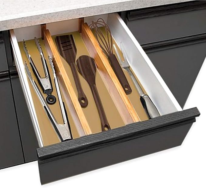 HUJI 2 PCS Bamboo Drawer Dividers Organizers For Bed Room, Bathroom, Kitchen, Garage, Great To Organize Clothes Kitchen Utensils Tools Shirts Socks Towels (1 PACK)