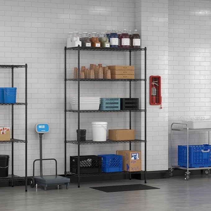 Commercial NSF Listed Black Epoxy Stationary Wire Shelving Kit 21" x 48" x 86", with 5 Shelves Perfect for Warehouse, Walk-in Refrigerator, Freezer, Grocery Store, Restaurant, Dishroom