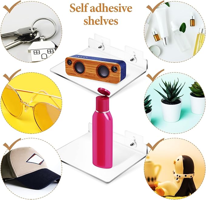 KESYOO Acrylic Floating Shelves Wall Storage Racks No Drilling L-Shaped 20X15Cm for Bathroom Kitchen Living Room 4pcs Self-Adhesive Organizer