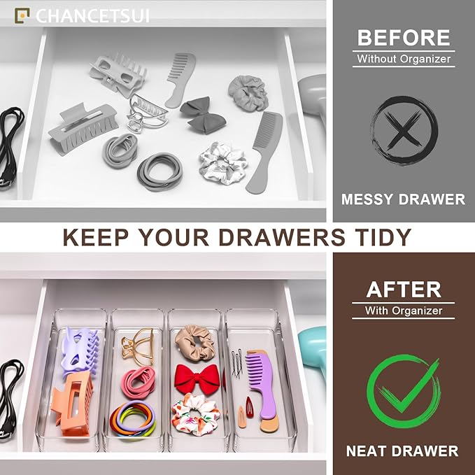 CHANCETSUI Clear Vanity Drawer Organizer Storage : Stackable Plastic Storage Tray For Makeup And Personal Care, 4 Pieces, 3x9 Inch