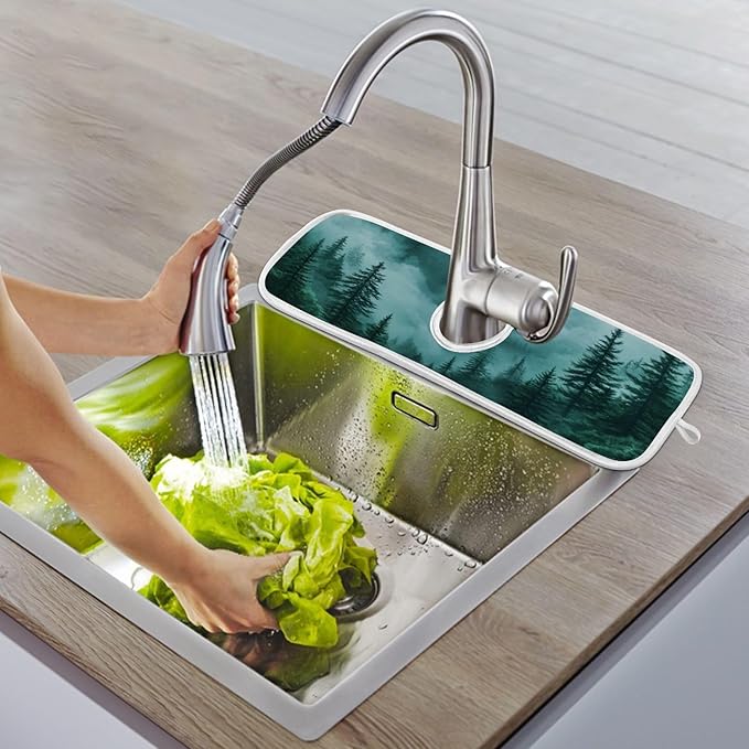 2 PCS Kitchen Sink Splash Guard 30 Inch Faucet Mat for Kitchen Sink Bathroom Sink Faucet Absorbing Drip Drain Mat Pad Microfiber Soft Washable Green Mountain Forest Trees