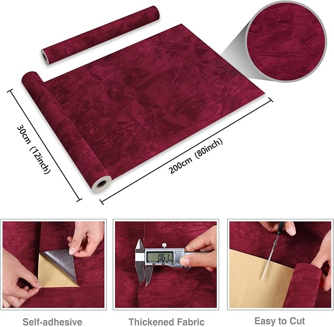 CRE8TIVE Red Crinkle Crushed Velvet Felt Drawer Liner Self Adhesive Velvet Flocking Liner for Jewelry Drawer Craft Fabric Peel and Stick Wallpaper Luxury Red Contact Paper for Cabinets Dresser 12"x80"