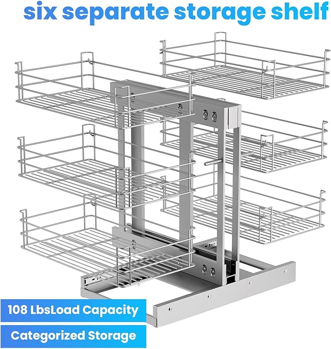 Min 17" W Opening Blind Corner Pull Out Organizer, 3 Tier 6 Shelf Kitchen Cabinet Organizer, Chrome Carbon Steel Storage Basket, Slide Out Storage Organizer, Left & Right Open Compatible