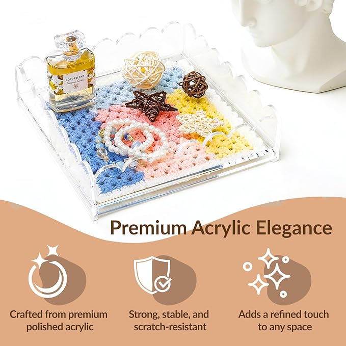 Scalloped Acrylic Tray for Needlepoint Inserts, 8" x 8" Clear Acrylic Tray with Drawer, Compatible for Art, Photos, Fabric & Custom Displays, Decorative Gift for Home or Office