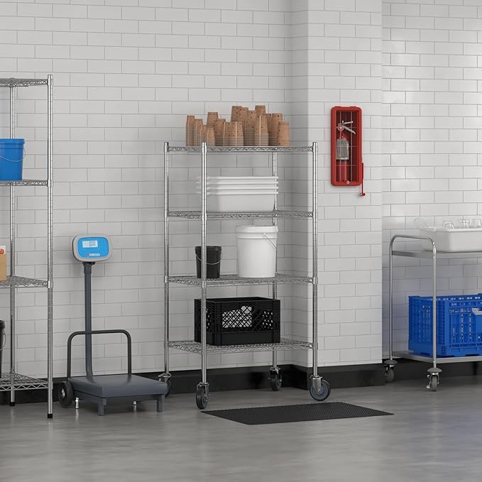 Commercial NSF Listed Chrome Mobile Wire Shelving Kit 21" x 30" x 60", with 4 Shelves Perfect for Warehouse, Walk-in Refrigerator, Freezer, Grocery Store, Restaurant, Dishroom
