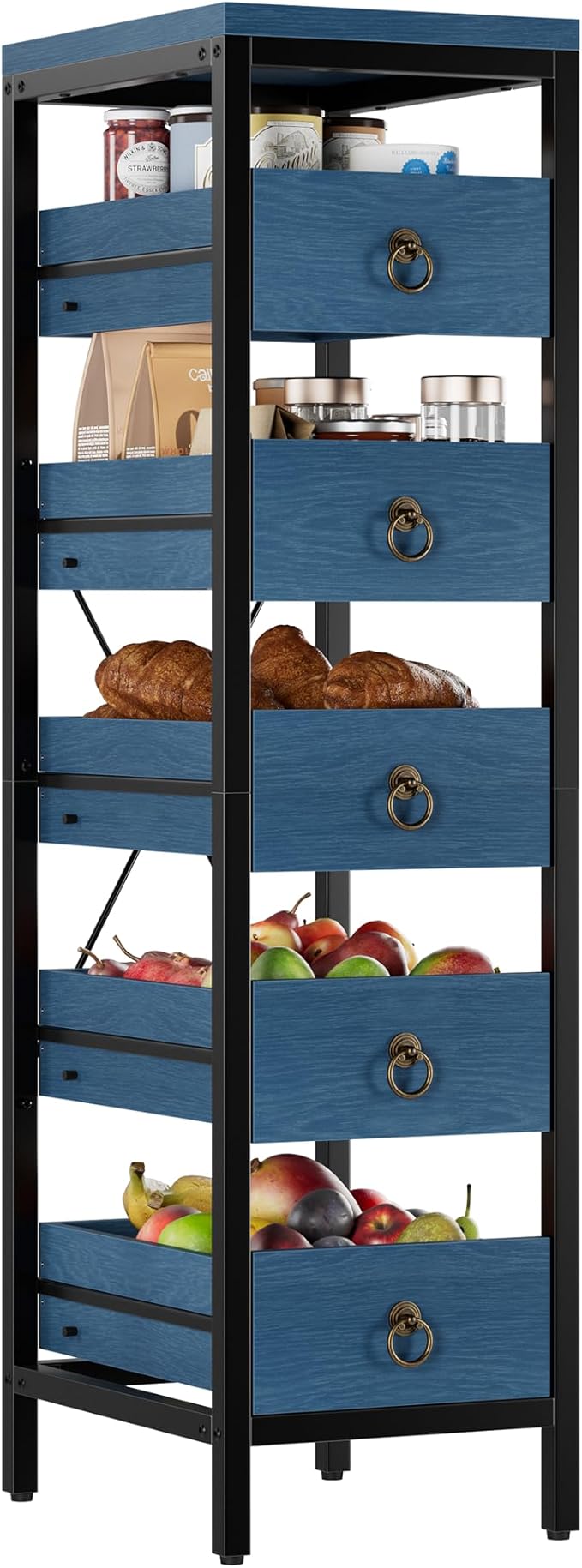 Kitchen Fruit Vegetable Storage Rack, 5-Tier Narrow Snack Fruit Display Stand with 5 Pull-Out Drawers Basket, Utility Organizer Standing Shelf for Kitchen Living Room Bathroom Supermarket, Blue