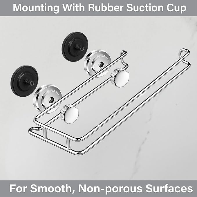 HASKO Suction Cup Paper Towel Holder, Wall Mount Metal Organizer for Bathroom & Kitchen, SUS 304 Stainless Steel Tissue Roll Hanger, Includes Optional No Drill Adhesive Mount, Silver