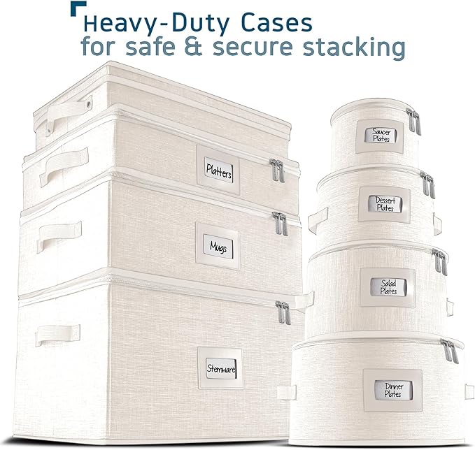 Platter Storage Case – Fine China Storage Containers Hard Shell, Quilted and Stackable 16”x 12.5”x 3.5” Platter Storage Container with Handles and Felt Dividers for Moving and Seasonal Storage, Cream