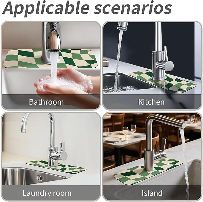 Kitchen Sink Splash Guard,Green-and cream checkered Faucet Mat Sink Gadgets-Super Absorbent Fast Drying Mat Drip Catcher for Kitchen, Bathroom,Sink Mat, Dish Drying Mat, Bathroom(15" X 5.5" )