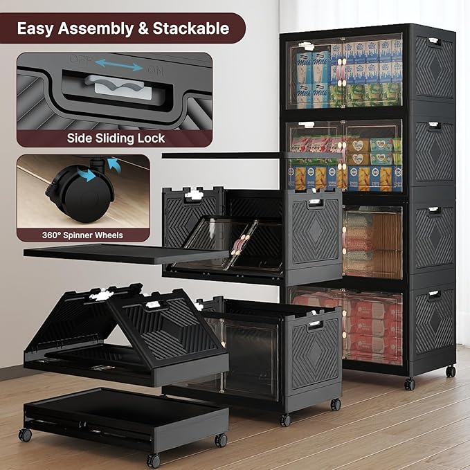 VNVTO 960Qt Stackable Storage Bins with Lids, 8 Pack Large Collapsible Bins with Wheels, Plastic Cabinet with Doors, Foldable Closet Organizers and Storage for Home, Dorm, Office, Black