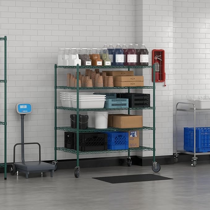 Commercial NSF Listed Green Epoxy Mobile Wire Shelving Kit 30" x 48" x 60", with 5 Shelves Perfect for Warehouse, Walk-in Refrigerator, Freezer, Grocery Store, Restaurant, Dishroom