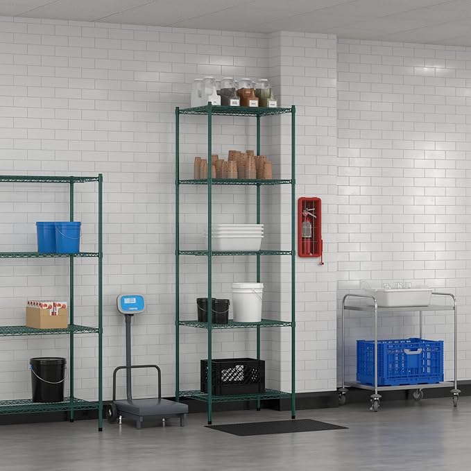 Commercial NSF Listed Green Epoxy Stationary Wire Shelving Kit 24" x 30" x 96", with 5 Shelves Perfect for Warehouse, Walk-in Refrigerator, Freezer, Grocery Store, Restaurant, Dishroom