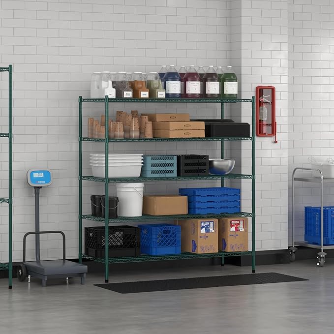 Commercial NSF Listed Green Epoxy Stationary Wire Shelving Kit 24" x 60" x 64", with 5 Shelves Perfect for Warehouse, Walk-in Refrigerator, Freezer, Grocery Store, Restaurant, Dishroom