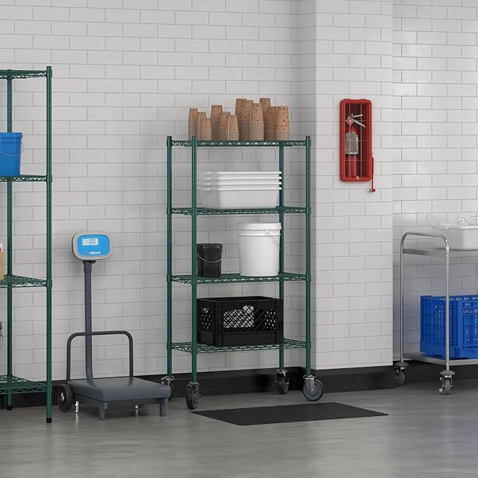 Commercial NSF Listed Green Epoxy Mobile Wire Shelving Kit 14" x 30" x 60", with 4 Shelves Perfect for Warehouse, Walk-in Refrigerator, Freezer, Grocery Store, Restaurant, Dishroom